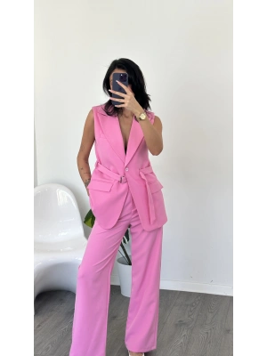 Pembe Tancy kemer Detaylı Pantolon-Yelek Takım