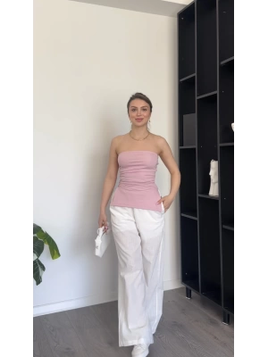 Pembe Yandan Yırtmaçlı Straplez Bluz
