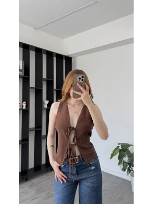 Rena Kahverengi Bağlama Detaylı Yelek