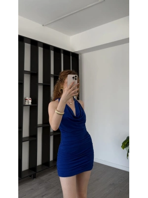 Riva Lacivert Degaje Yaka Mini Büzgü Elbise