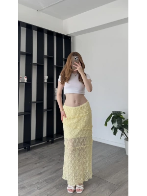 Sarı Cenny Güpürlü Astarlı Etek