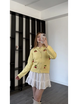 Sarı Chery Kirazlı Triko Hırka