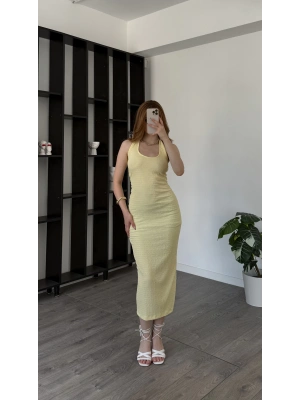 Sarı Chiara Gofre Boyundan Askılı Elbise