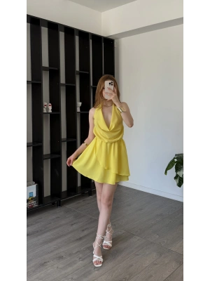Sarı Chloe Degaje Yakalı Şortlu Volan Elbise