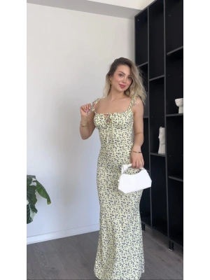 Sarı Çiçek Desenli Bağcık Yakalı Elbise
