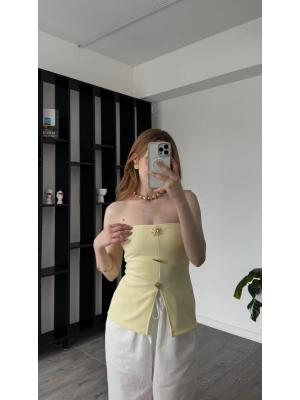 Sarı Elsa Broşlu Straplez Bluz