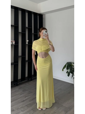 Sarı Lili Tül Omuz Detaylı Elbise