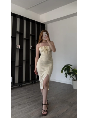 Sarı Lizy Çizgili Kalem Elbise