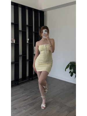 Sarı Loren Bağcık Yaka Detaylı Straplez Elbise