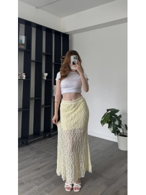 Sarı Pia Güpürlü Astarlı Etek