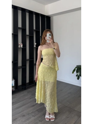 Sarı Selay Güpürlü Astarlı 2’li Takım