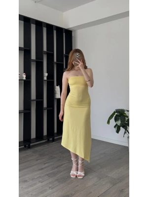 Sarı Tyla Basic Asimetrik Straplez Elbise