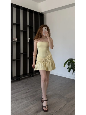 Sarı Wanda Bel Detaylı Straplez Elbise
