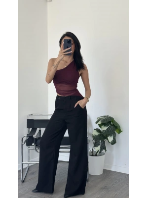 Sely Bordo Asimetrik Tül Detay Bluz