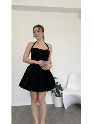 Siyah Alice Boyundan Bağlamalı Kısa Balon Elbise