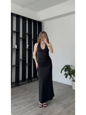 Siyah Aliz Sırt Dekolteli Elbise