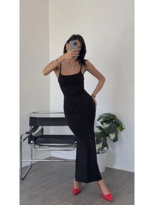 Siyah Ally İp Askılı Basic Uzun Elbise