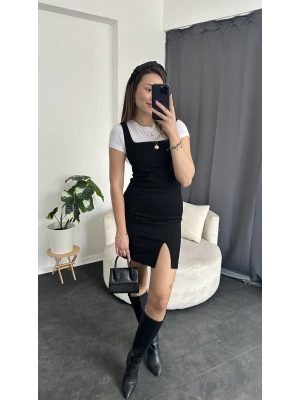 Siyah Askılı Oturtmalı Denim Kısa Elbise