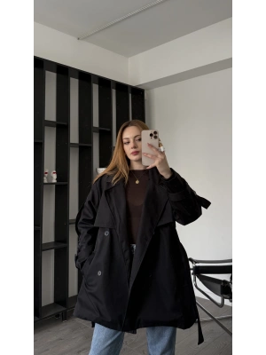 Siyah Aurora Kuşaklı Trençkot