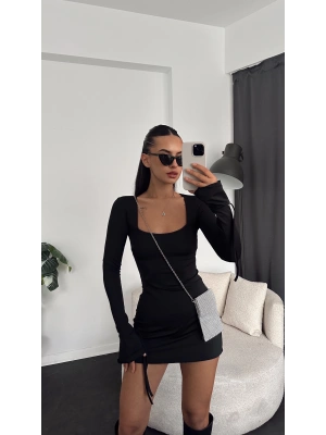 Siyah Bağcık İspanyol Kol Min Elbise