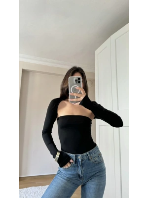 Siyah Bolero Detaylı Crop Bluz
