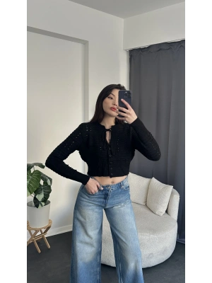 Siyah Boyundan Bağlamalı Triko Hırka