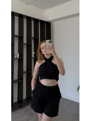 Siyah Carrie Çapraz Bağlamalı Şortlu Takım