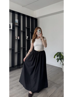 Siyah Dora Kemerli Poplin Elbise