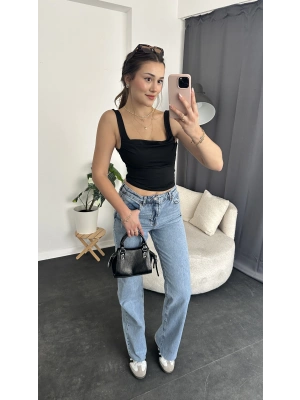 Siyah Drape Kare Yakalı Askılı Bluz