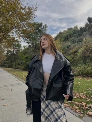 Siyah Elia Premium Biker Deri Ceket