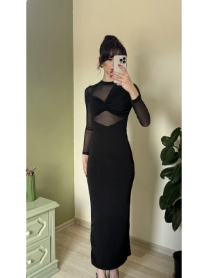 Siyah Elio Tül Detaylı Elbise