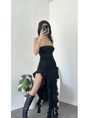 Siyah Elora Fırfırlı Straplez Elbise