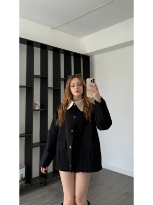 Siyah Emilia Yaka Detaylı Gabardin Ceket