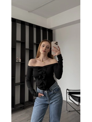 Siyah Fancy Madonna Fırfırlı Bluz