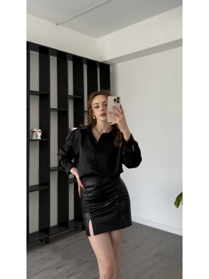 Siyah Fiora Oversize Saten Gömlek