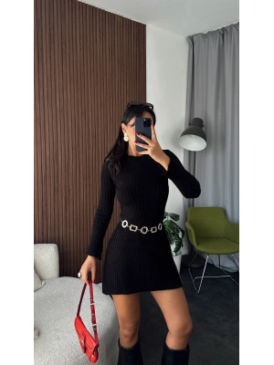 Siyah Fitilli Bisiklet Yaka Triko Elbise