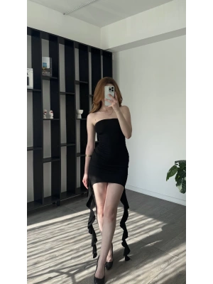 Siyah Flora Çift Püsküllü Mini Elbise