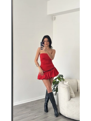 Kırmızı Straplez Balon Etekli Elbise