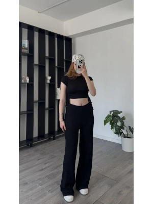 Siyah Fulia Çift Büzgülü Gofre Takım