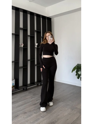 Siyah Gaia Parmak Geçirmeli Tayt Takım