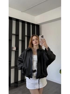 Siyah Jenna Kemerli Bomber Deri Ceket
