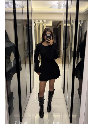 Siyah Jiex Bağcık Sırtlı Volan Elbise