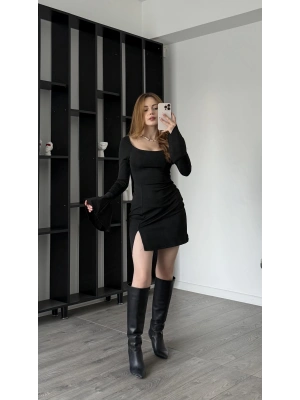 Siyah Juliet Volan Kollu Bağcık Sırtlı Elbise