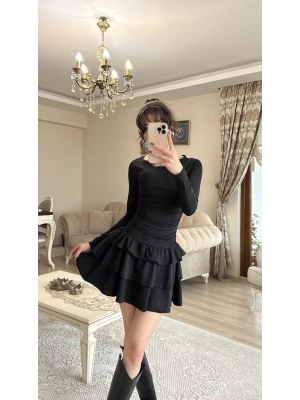 Siyah Kat Kat Volanlı Mini Elbise