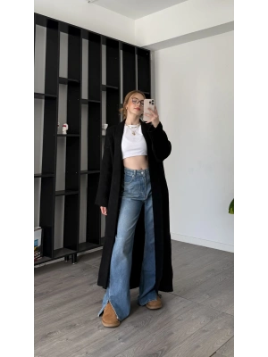 Siyah Kenny Şal Yakalı Uzun Triko Hırka