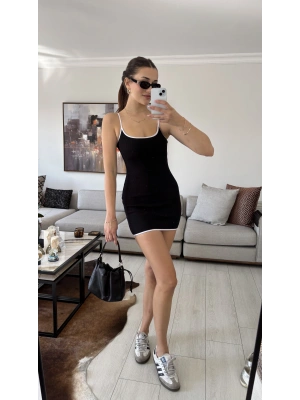 Siyah Kontrast Fitilli Mini Elbise