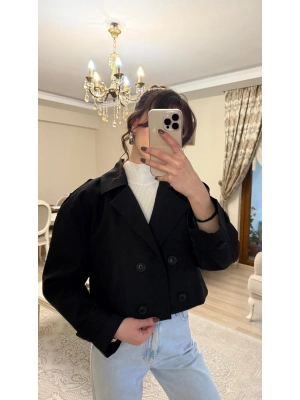 Siyah Kruvaze Düğmeli Kısa Trençkot