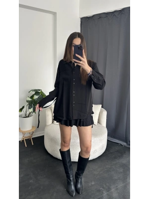 Siyah Kuşak Detaylı Oversize Gömlek