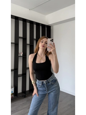 Siyah Lancel Astarlı Boyundan Askılı Basic Bluz