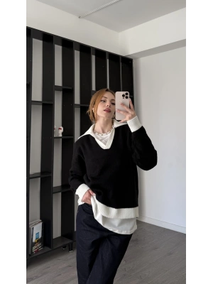 Siyah Layla Polo Yakalı Triko Kazak